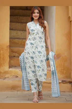Ethnic Yard Floral Printed V-Neck Straight Kurta With Trouser And Dupatta