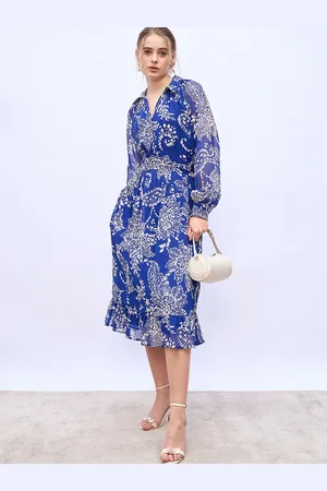 Styli Floral Print Bishop Sleeve A-Line Midi Dress