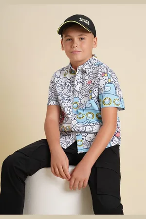 JACK & JONES Boys Spread Collar Graphic Printed Cotton Casual Shirt