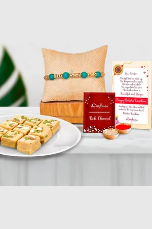 eCraftIndia Turquoise Blue & Gold-Toned Pearl Beaded Rakhi Gift Set