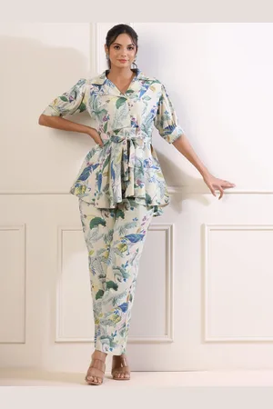 JISORA Women Off White & Blue Printed Cotton Co-Ords Set