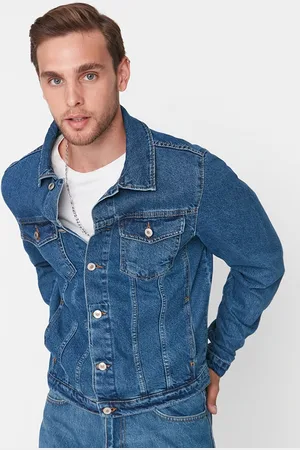 Trendyol Men Navy Blue Washed Pure Cotton Denim Jacket