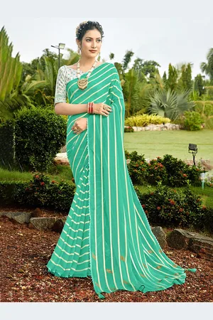 Saree mall Sea Green & White Striped Pure Georgette Leheriya Sarees