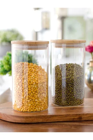 GOODHOMES Set Of 2 Transparent & Brown Basic Round Borosilicate Large Jars With Bamboo Wood Lid