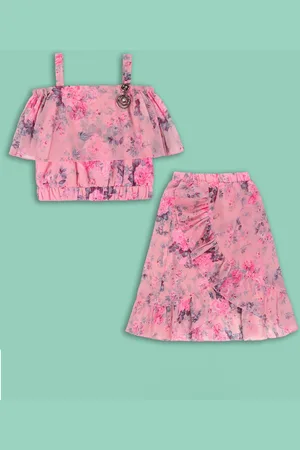 Wish Karo Girls Floral Printed Shoulder Straps Top With Skirt