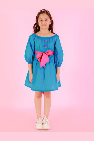 LIL DRAMA Girls Square Neck Gathered Bow Cotton A-Line Dress