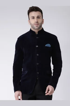 Hangup Men Navy Blue Solid Bandhgala Blazer