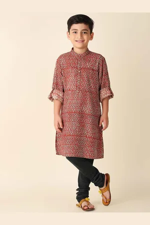 Fabindia Boys Abstract Band Collar Roll-Up Sleeves Kurta