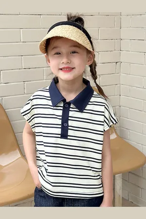 LULU & SKY Girls Striped Polo Collar Pockets T-shirt