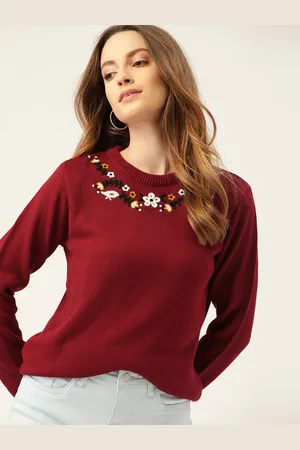 DressBerry Women Maroon Floral Embroidered Pullover with Tie-Up Back