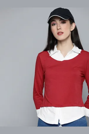 HARVARD Women Maroon & White Colourblocked Shirt-Collar Pure Cotton Regular Top