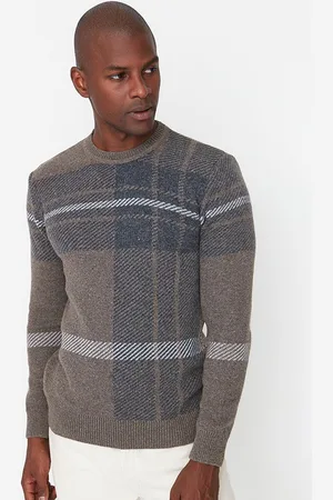 Trendyol Men Brown & Grey Checked Pullover