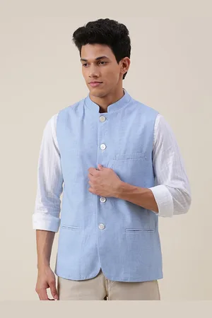 Fabindia Men Blue Washed Cotton Tailored Jacket
