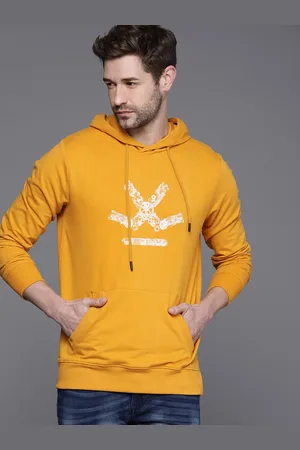 WROGN Men Mustard Yellow Brand Logo Printed Hooded Pullover Sweatshirt