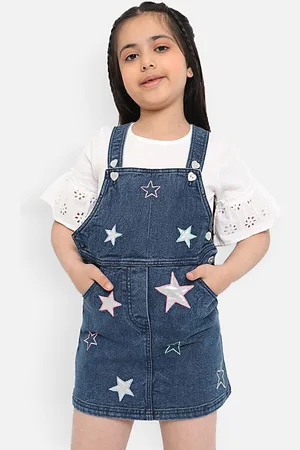 Nauti Nati Girls Embroidered Pure Cotton Denim Pinafore Mini Dress