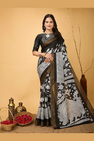 HERE&NOW Kalamkari Printed Zari Pure Cotton Kanjeevaram Saree