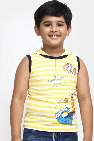 V-Mart Boys Striped Hooded Sleeveless Cotton Tshirt
