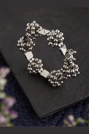 ATIBELLE German Silver-Plated Ghunghroo Detailing & Contemporary Glossy Adjustable Bangle