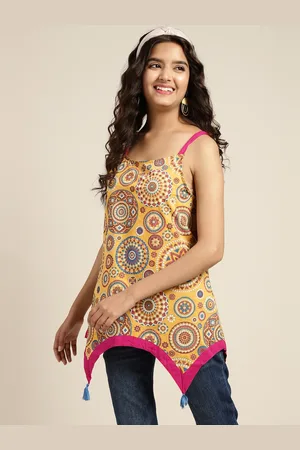 Sangria Teen Girls Mustard Yellow & Blue Pure Cotton Ethnic Asymmetric Hem A-Line Top