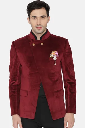 Wintage Men Maroon Single-Breasted Velvet Blazer