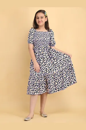 DEKLOOK Kids-Girls Floral Print Square Neck Puff Sleeves A-Line Midi Dress