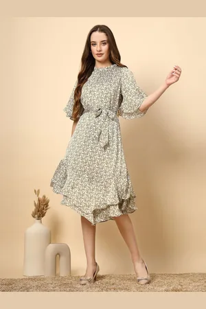 Gipsy Floral Women Printed Bell Sleeve A-Line Dress with Neck and Bottom Frill