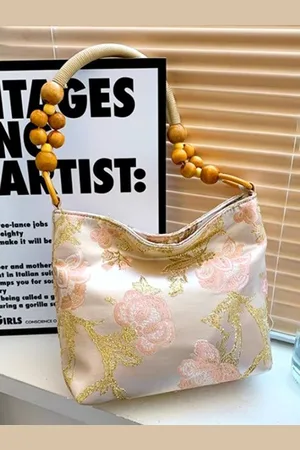Stylecast Beige Floral Printed Structured Cotton Handheld Bag