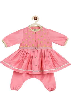 Tiber Taber Girls Pink Ethnic Motifs Embroidered Empire Gotta Patti Kurta with Dhoti Pants