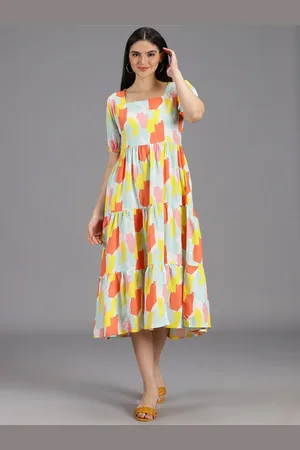 Hay Abstract Printed Square Neck Puff Sleeves Empire Midi Dress