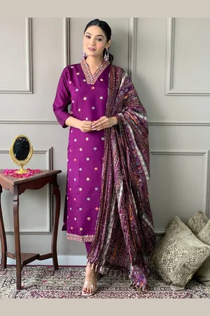 Ethnic Yard Floral Embroidered Thread Work Straight Kurta With Trouser & Dupatta