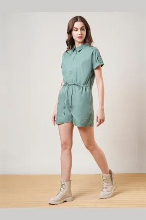 Globus Women Green Extended Sleeves Shirt Collar Waist Tie-Up Front Zip Closure Playsuit