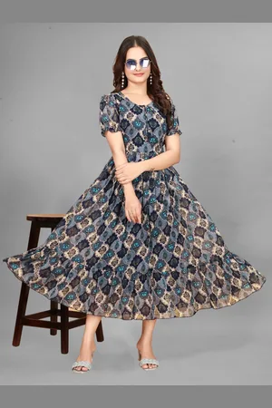 BAESD Women Puff Sleeve Georgette Fit and Flare Midi Dress