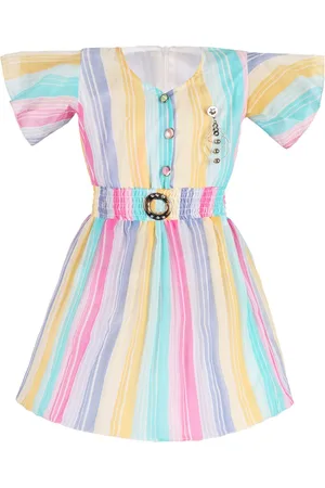 Wish Karo Infant Girls Striped Flared Sleeves Smocked Georgette Fit & Flare Dress