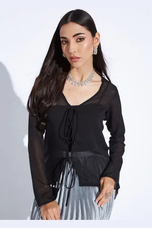 DEPANO Women V-Neck Long Sleeves Georgette Sheer Top