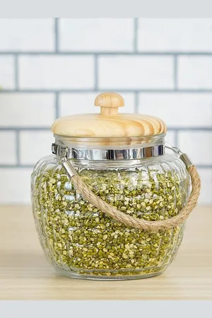 Femora Transparent Solid Borosilicate Glass Bamboo Lid Air Tight Jar 500 ml