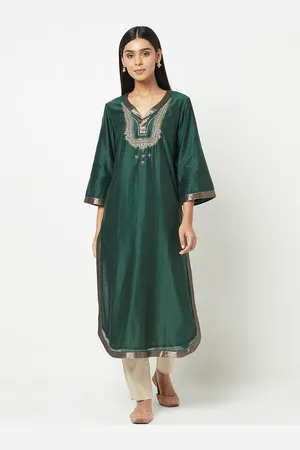 Fabindia Women Green Embroidered Straight Kurta