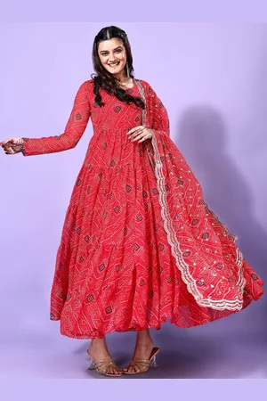 Ethnic Yard Bandhani Printed Round Neck Anarkali Kurta With Trouser And Dupatta