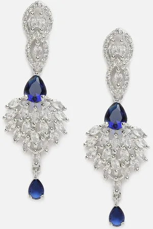 DressBerry Silver-Plated Blue & White AD-Studded Spiked Shaped Oxidised Drop Earrings
