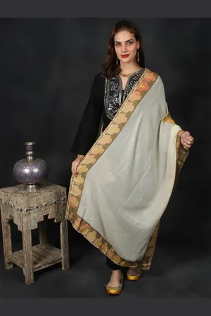Exotic India Sienna Woven Large Paisleys Pure Cashmere Wool Stole