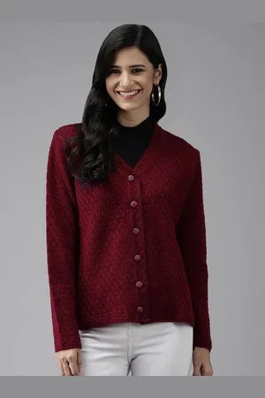 Cayman Women Maroon Solid Woolen Cardigan