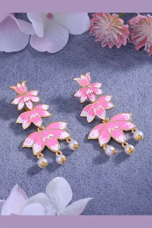 ESTELE Women Gold-Plated Pearl Studded Floral Drop Earrings