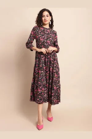 CANTABIL Floral Printed Mandarin Collar Fit & Flare Midi Dress