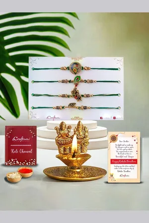 eCraftIndia Set Of 5 Rakhi With Lakshmi Ganesha Decorative Diya& Roli Chawal Gift Set