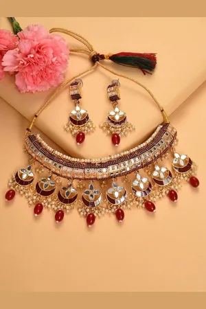 SOHI Gold-Plated Stone Studded & Beaded Jewellery Set