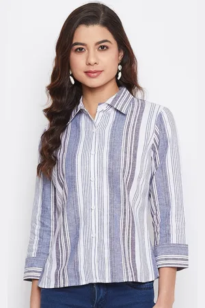 Imfashini Women Blue Striped Shirt Style Top