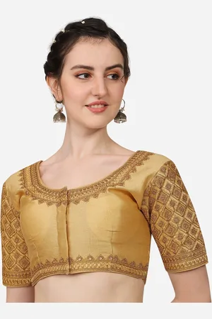 PUJIA MILLS Women Golden Colored Embroidered Silk Saree Blouse