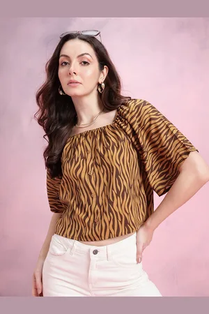 DressBerry Tiger Print Puff Sleeves Square Neck Button-Up Top