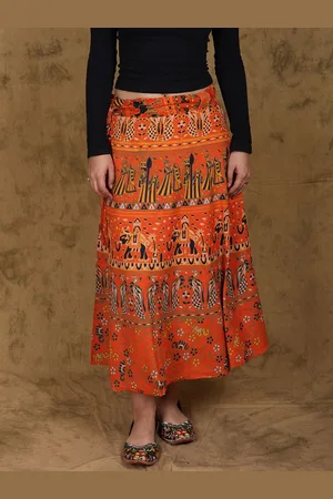 Exotic India Printed Pure Cotton Wrap-Around Midi Skirt