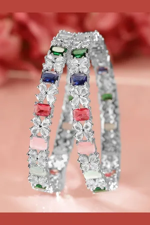 Rubans Set of 2 Rhodium-Plated Multicolor AD & Cubic Zirconia Studded Floral Bangles