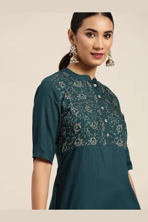 Sangria Women Teal Green & Golden Ethnic Motifs Printed Straight Kurta